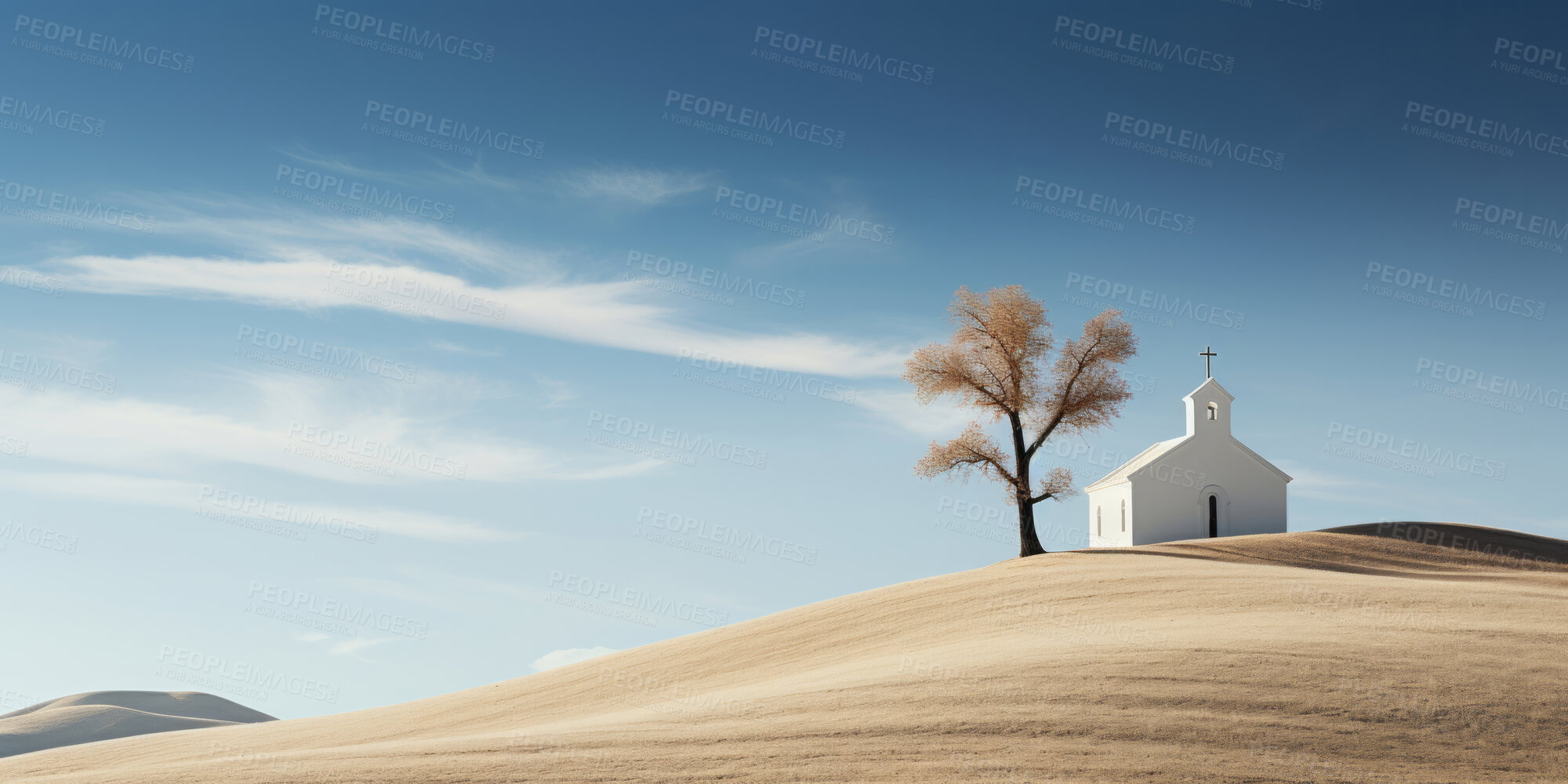 Buy stock photo Wide angle view of church in remote hills. Religion concept.