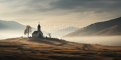 Buy stock photo Wide angle view of church in remote hills. Religion concept.