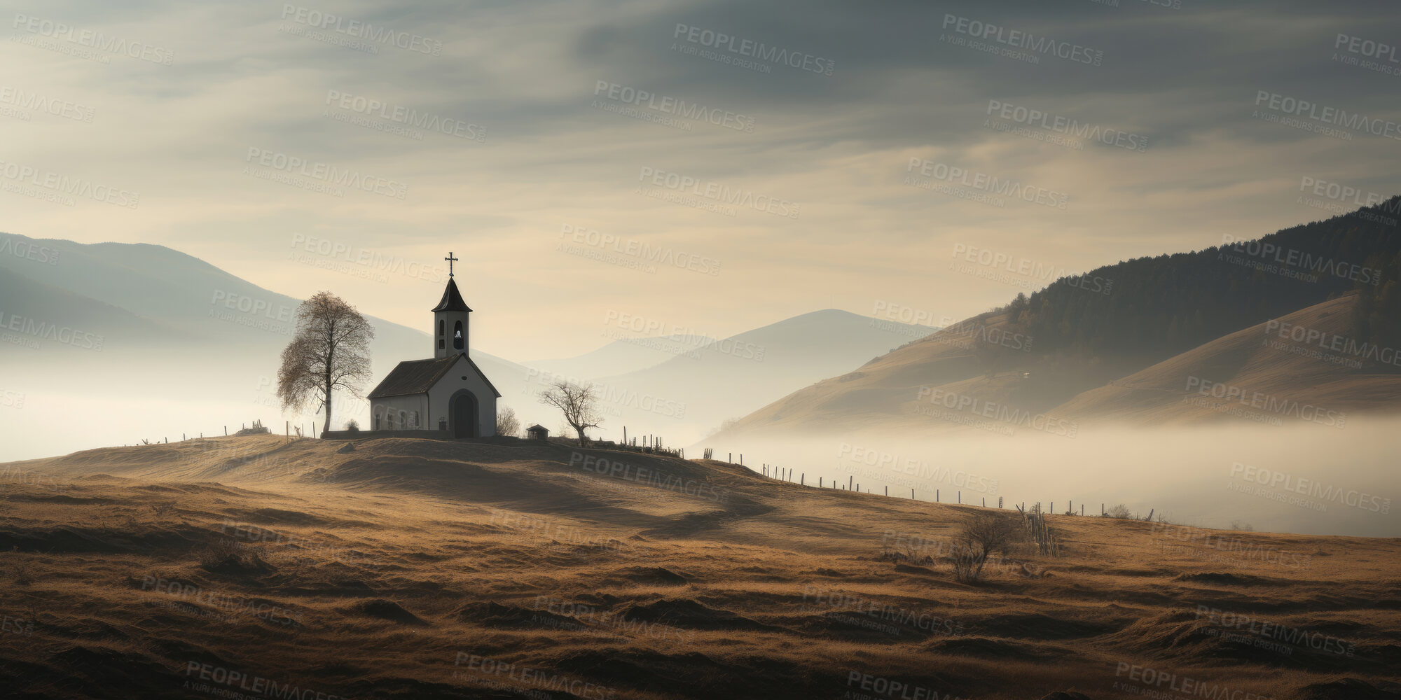 Buy stock photo Wide angle view of church in remote hills. Religion concept.