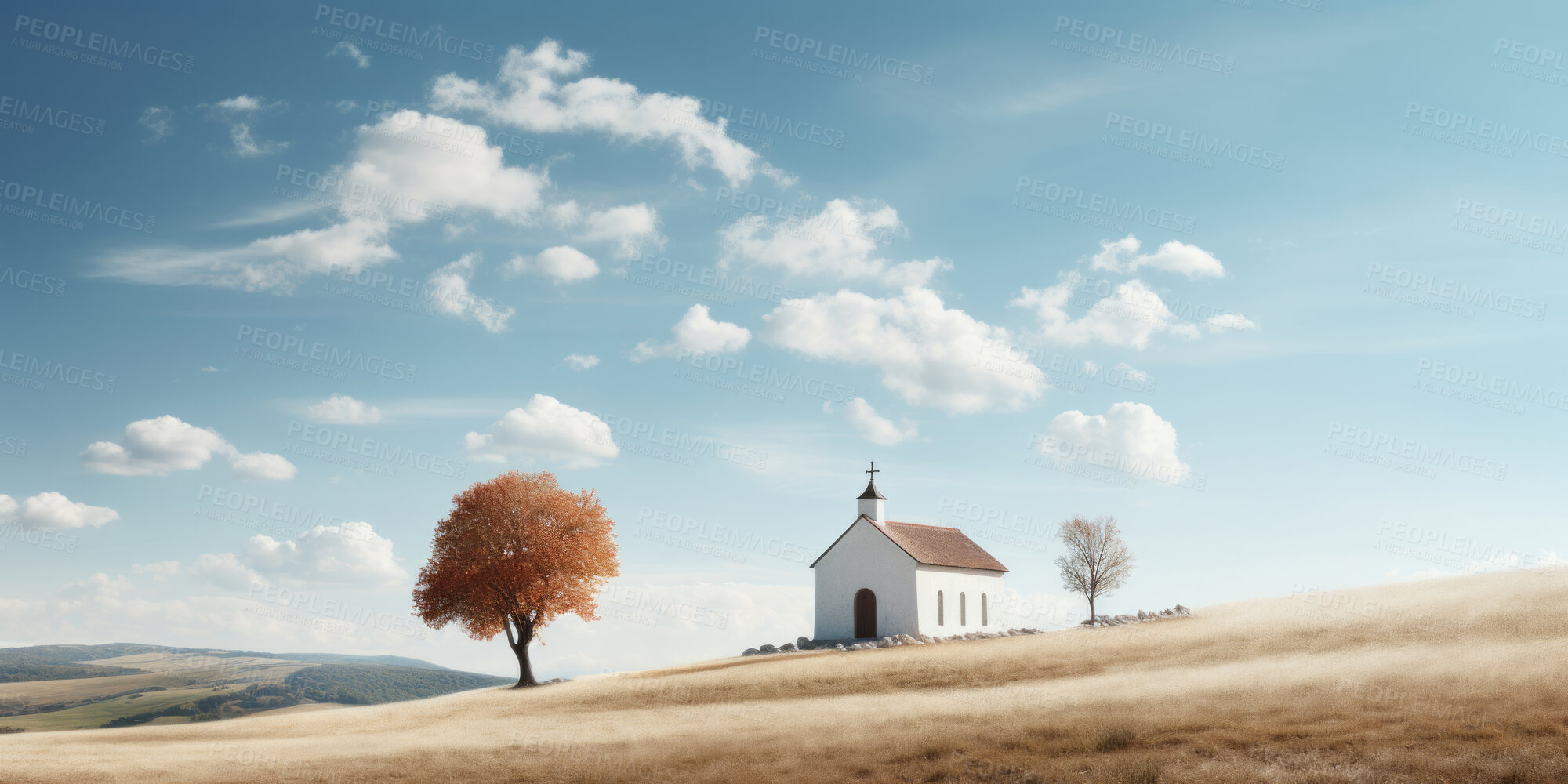 Buy stock photo Wide angle view of church in remote hills. Religion concept.