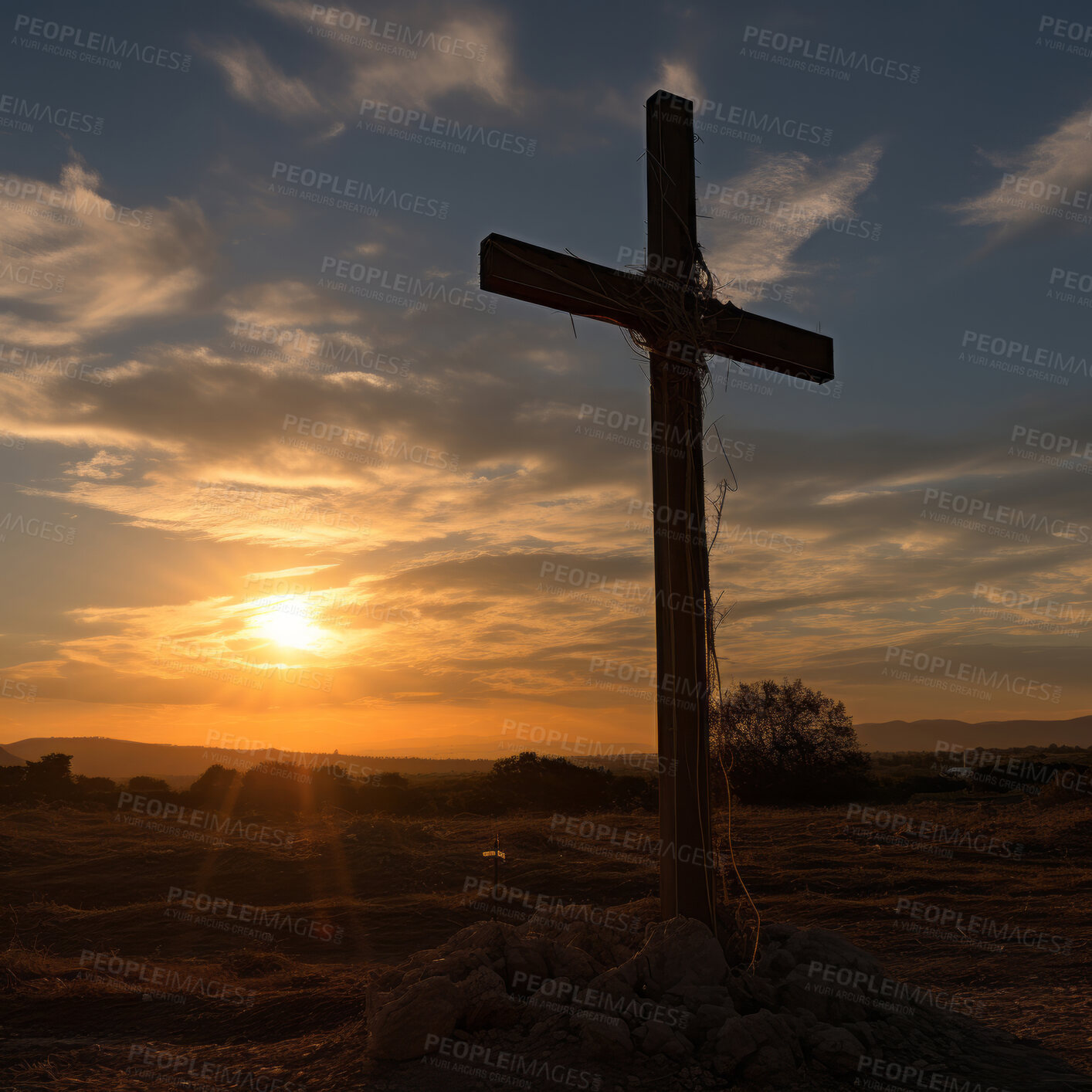 Buy stock photo Silhouette of christian cross on a hill. Sunset, golden hour. Religion concept.