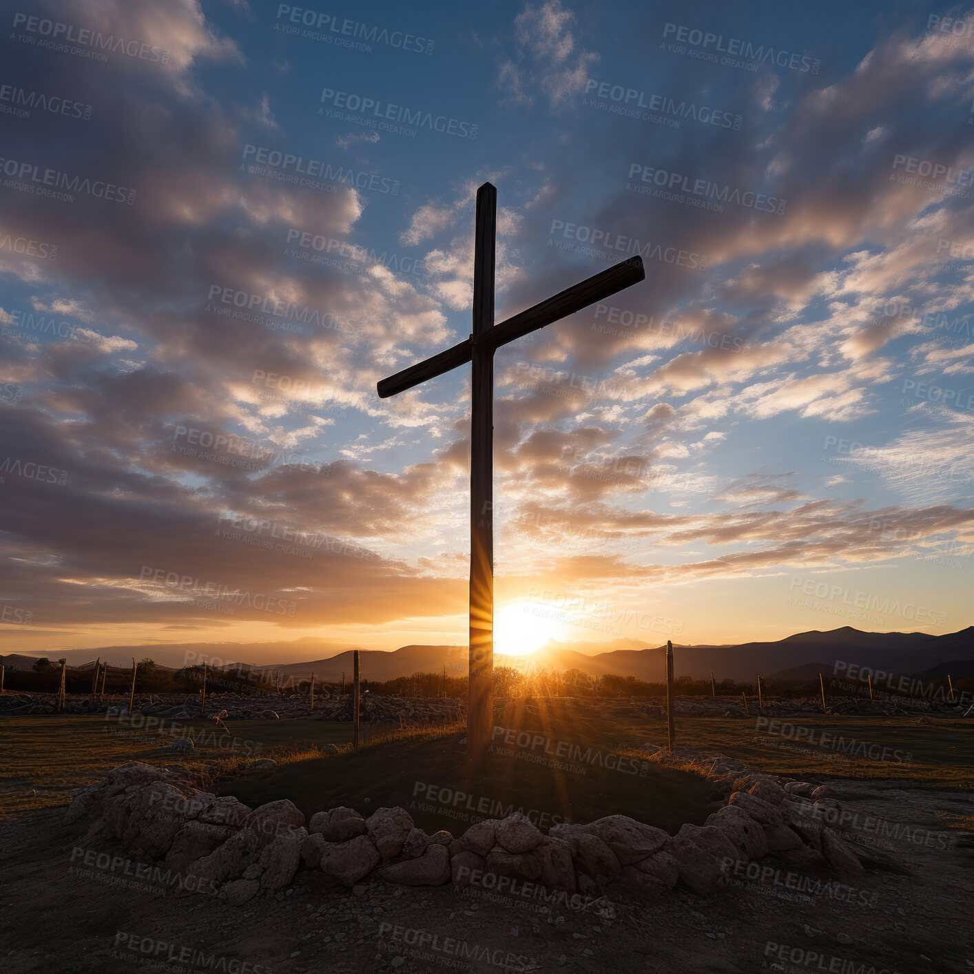 Buy stock photo Silhouette of christian cross on a hill. Sunset, golden hour. Religion concept.