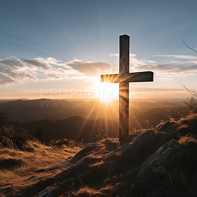 Silhouette of christian cross on a hill. Sunset, golden hour. Religion concept.