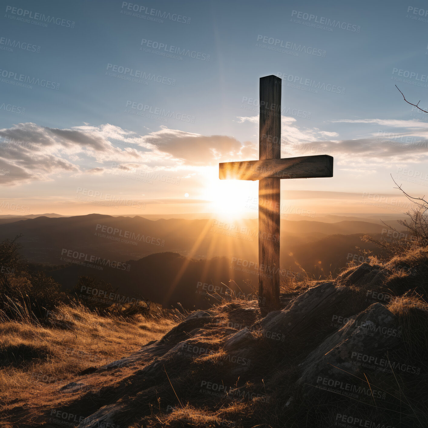 Buy stock photo Silhouette of christian cross on a hill. Sunset, golden hour. Religion concept.