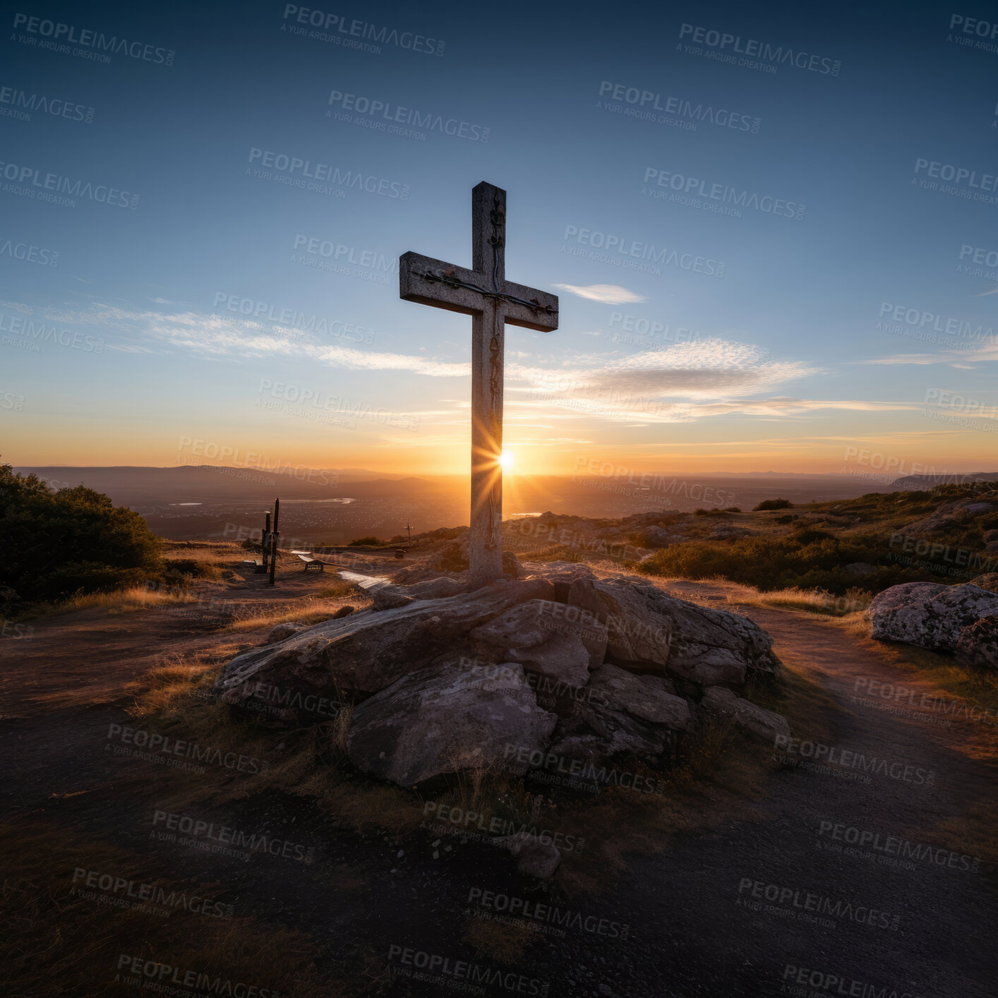 Buy stock photo Low angle Silhouette of Christian cross on a hill. Sunset, golden hour. Religion concept.