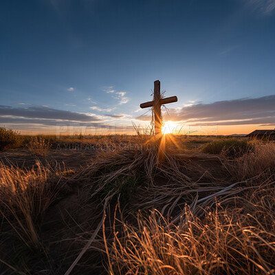 Low angle Silhouette of christian cross on a hill. Sunset, golden hour. Religion concept.