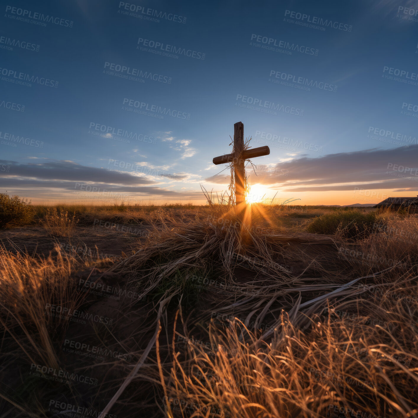Buy stock photo Low angle Silhouette of Christian cross on a hill. Sunset, golden hour. Religion concept.