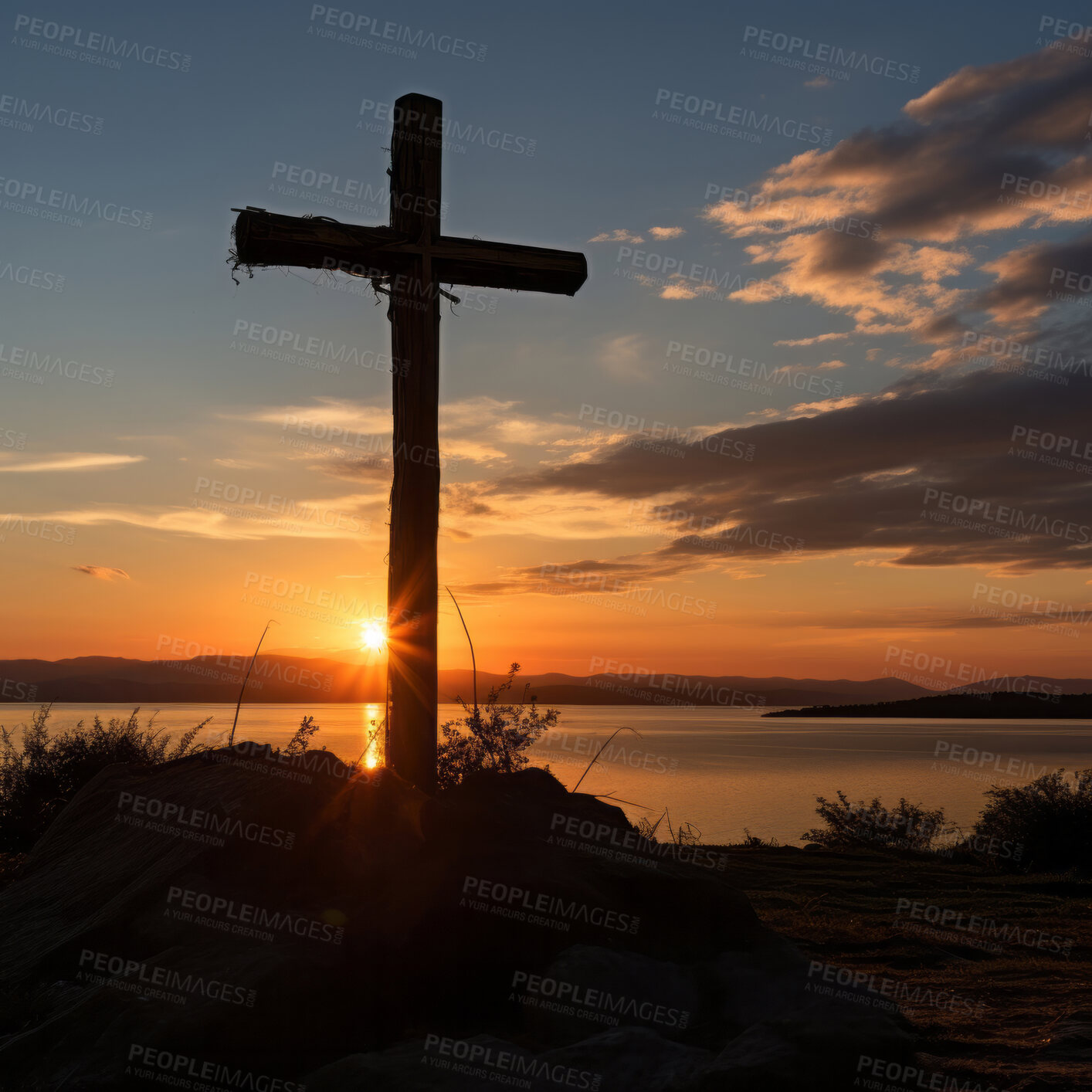 Buy stock photo Silhouette of Christian cross on a hill. Sunset, golden hour. Religion concept.