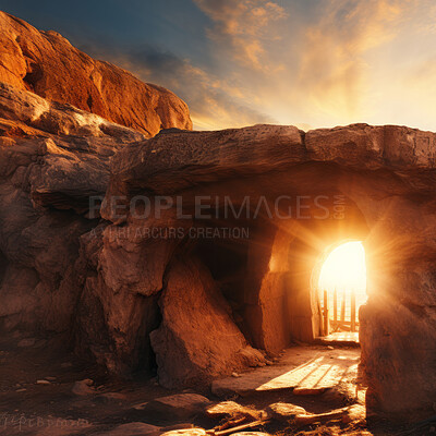 Empty tomb with sunlight shining through. Depiction of risen Jesus. Religion concept.