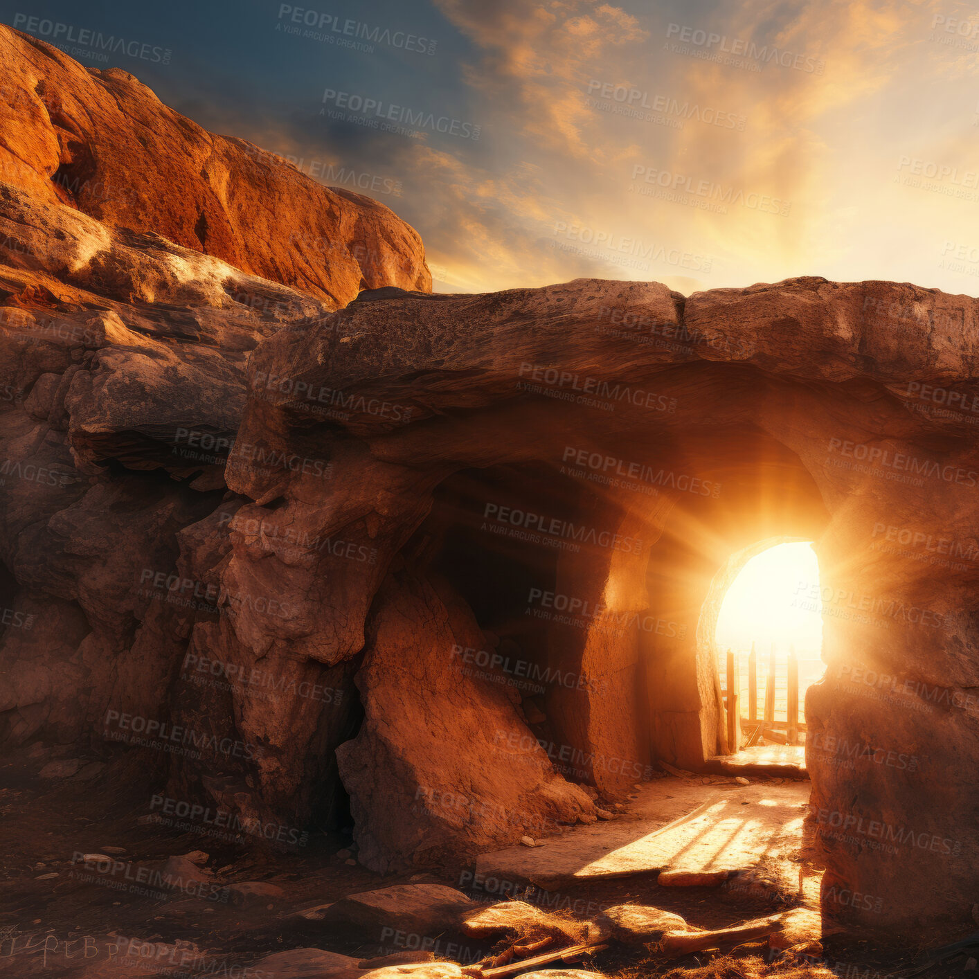 Buy stock photo Empty tomb with sunlight shining through. depiction of risen Jesus. Religion concept.