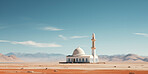 Wide angle view of mosque in remote desert. Religion concept.