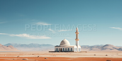 Wide angle view of mosque in remote desert. Religion concept.