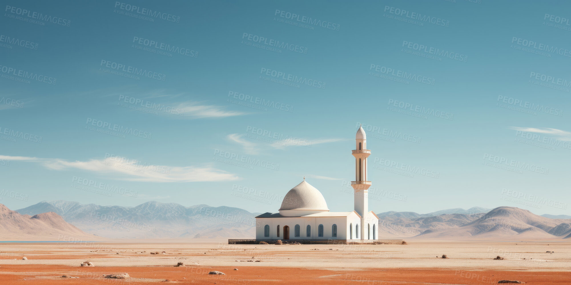 Buy stock photo Wide angle view of mosque in remote desert. Religion concept.