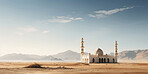 Wide angle view of mosque in remote desert. Religion concept.