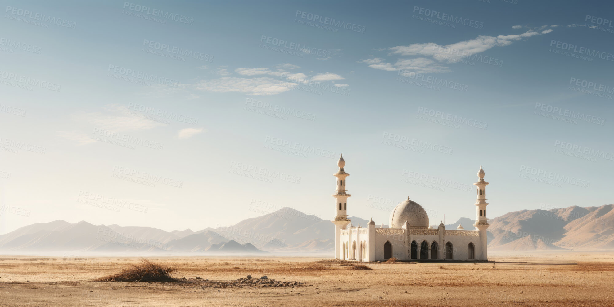 Buy stock photo Wide angle view of mosque in remote desert. Religion concept.