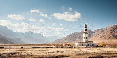 Buy stock photo Wide angle view of mosque in remote desert. Religion concept.