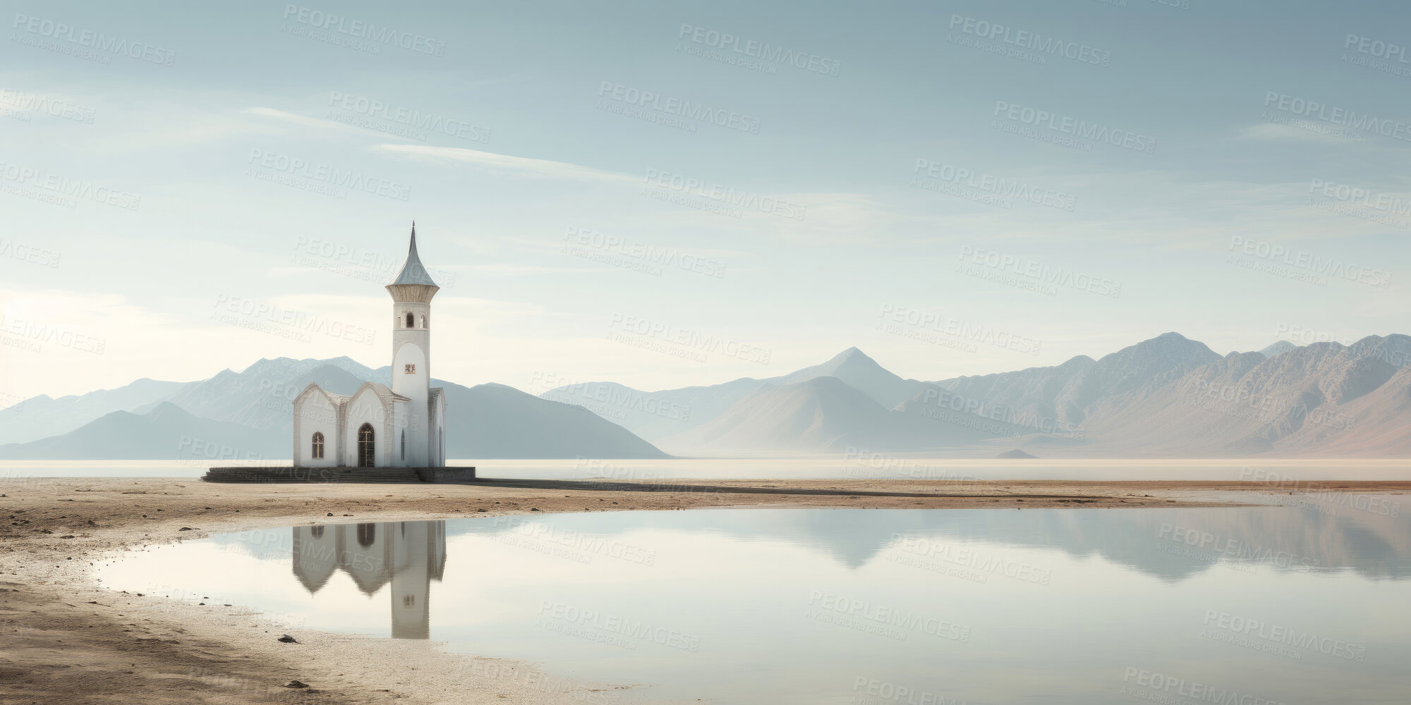 Buy stock photo Wide angle view of mosque in remote desert. Religion concept.