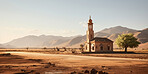 Wide angle view of mosque in remote desert. Religion concept.