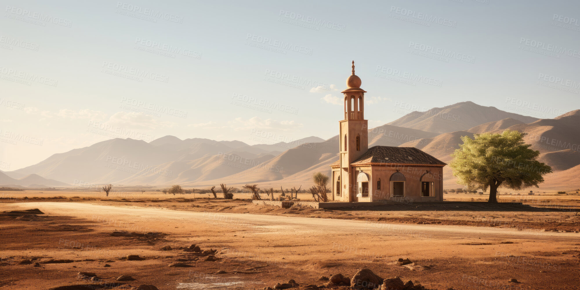 Buy stock photo Wide angle view of mosque in remote desert. Religion concept.