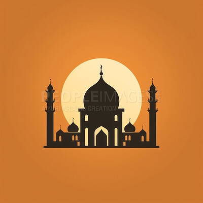 Graphic illustration of mosque in remote desert. Religion concept.