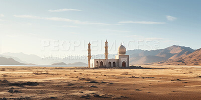 Wide angle view of mosque in remote desert. Religion concept.