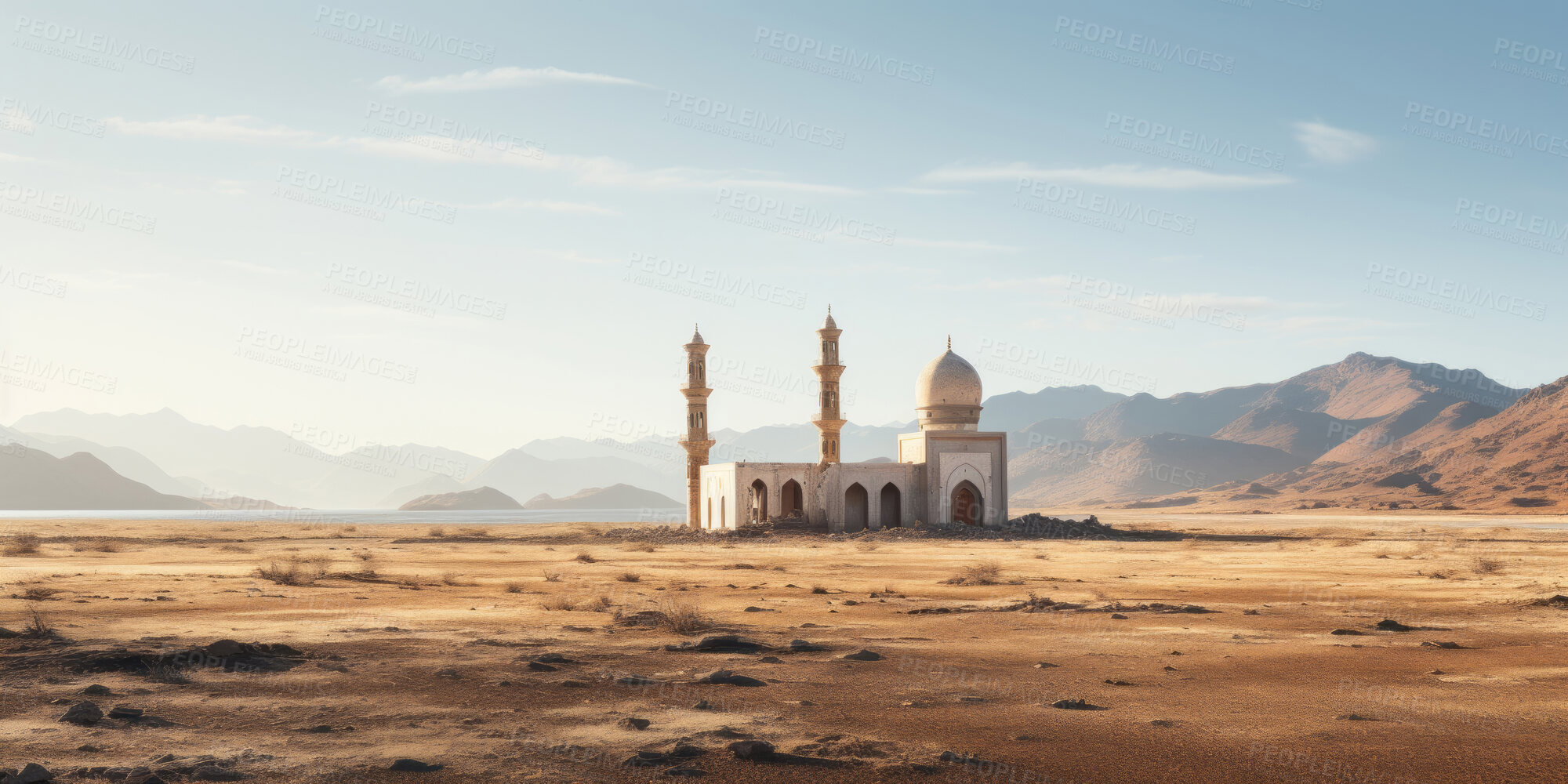 Buy stock photo Wide angle view of mosque in remote desert. Religion concept.