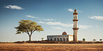 Wide angle view of mosque in remote desert. Religion concept.