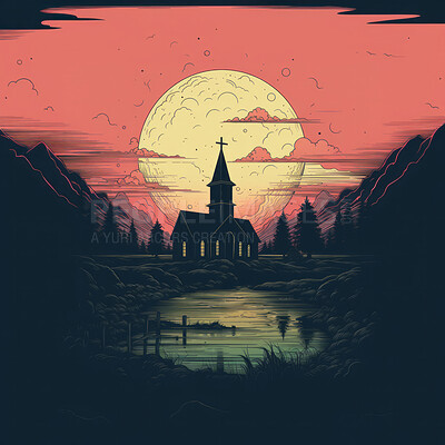 Graphic illustration of church in front of setting sun. Religion concept.