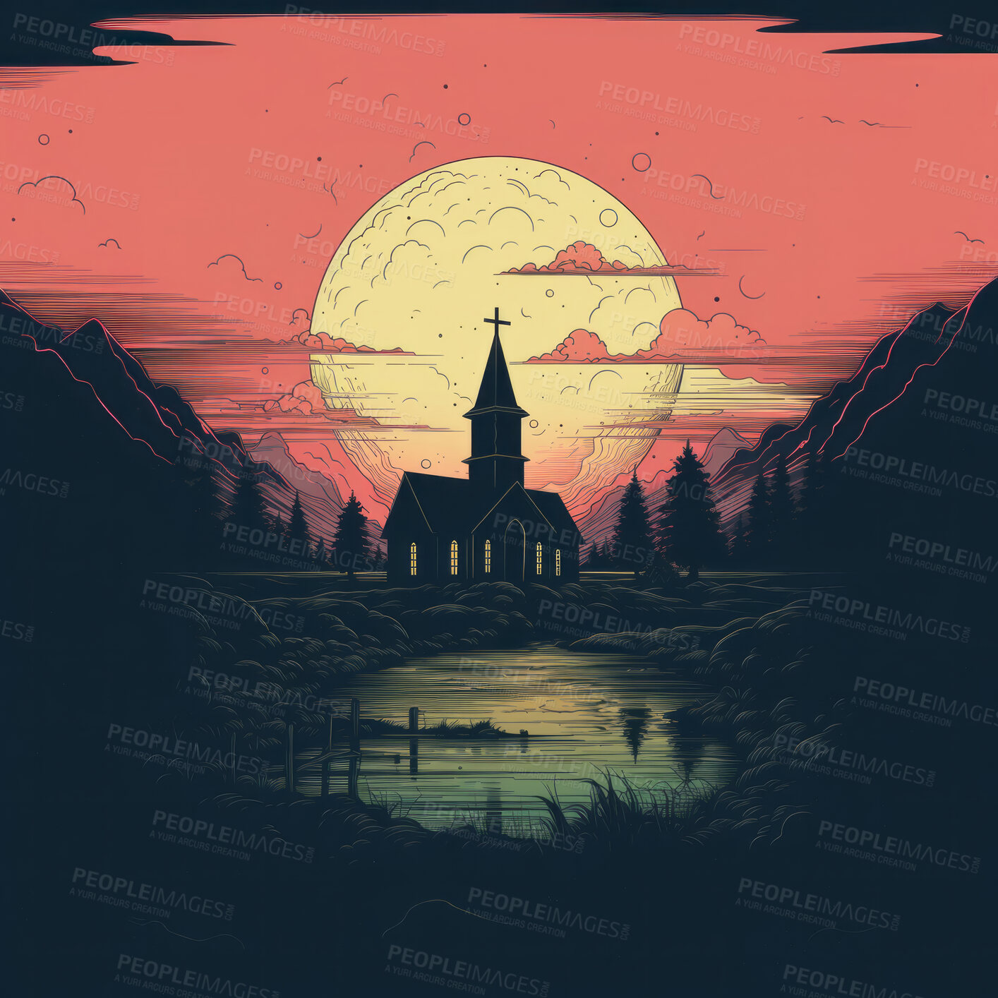 Buy stock photo Graphic illustration of church in front of setting sun. Religion concept.