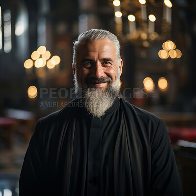 Buy stock photo Portrait of senior priest smiling in church. Religion concept.