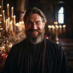 Portrait of senior priest smiling in church. Religion concept.