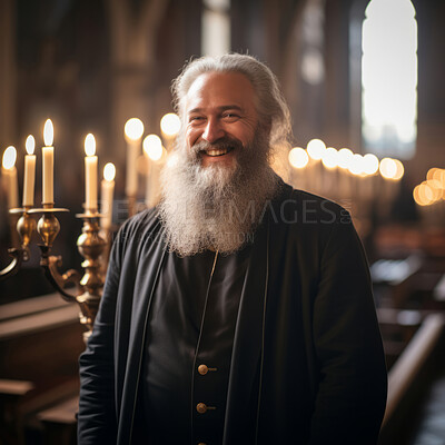 Portrait of senior priest smiling in church. Religion concept.