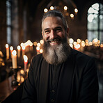 Portrait of senior priest smiling in church. Religion concept.