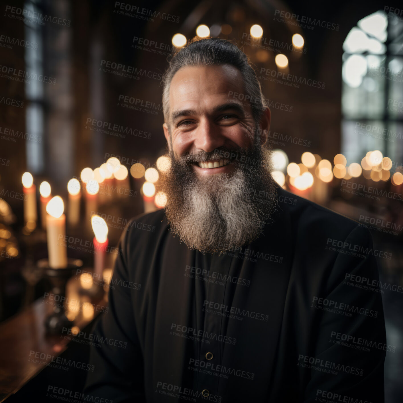 Buy stock photo Portrait of senior priest smiling in church. Religion concept.