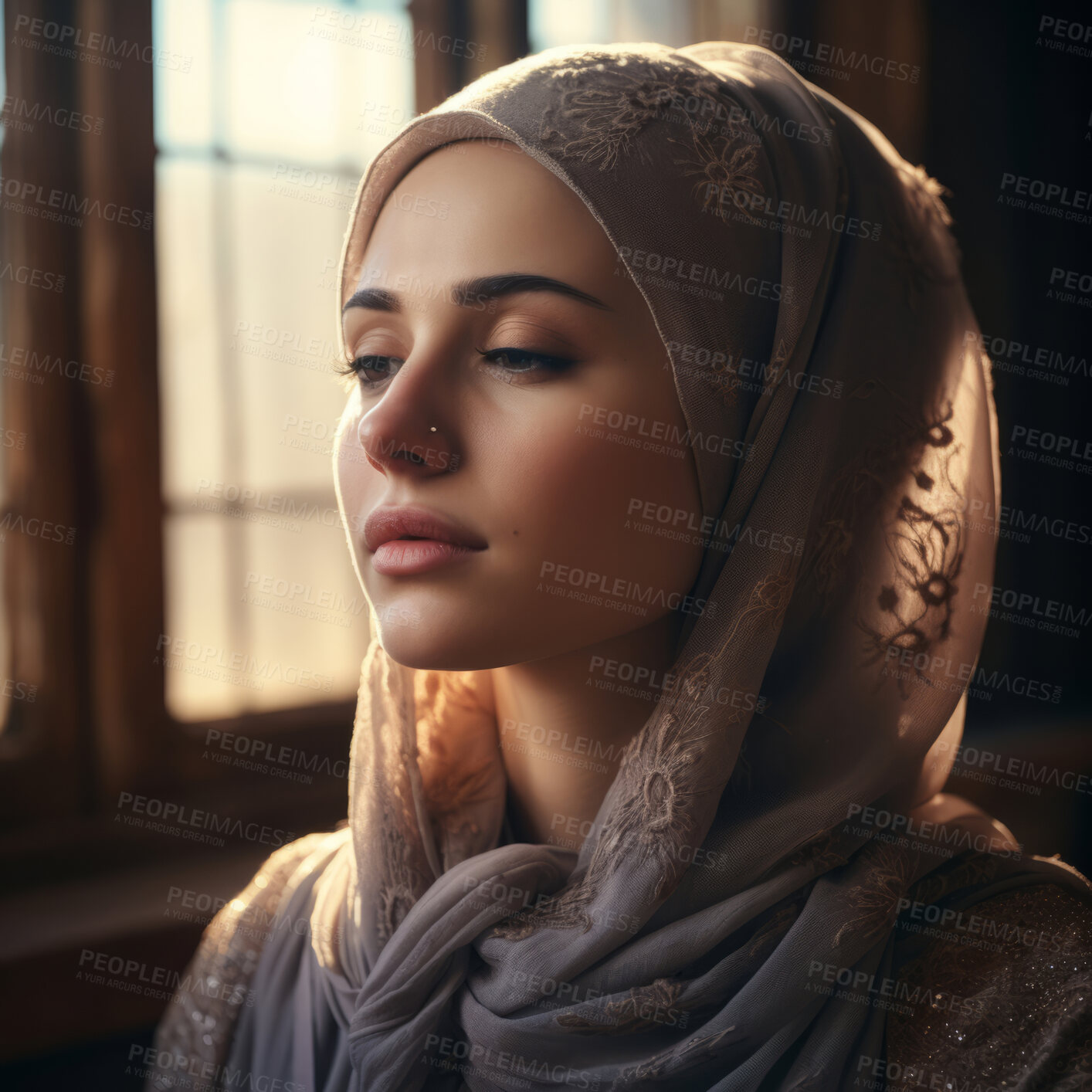 Buy stock photo Close up. Muslim, Arab Saudi emirates woman, Portrait, Religion concept.