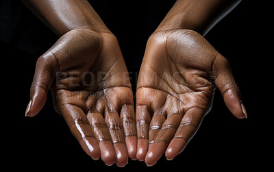 Portrait of open serving hands. Clear backdrop, Holy water. Religion concept
