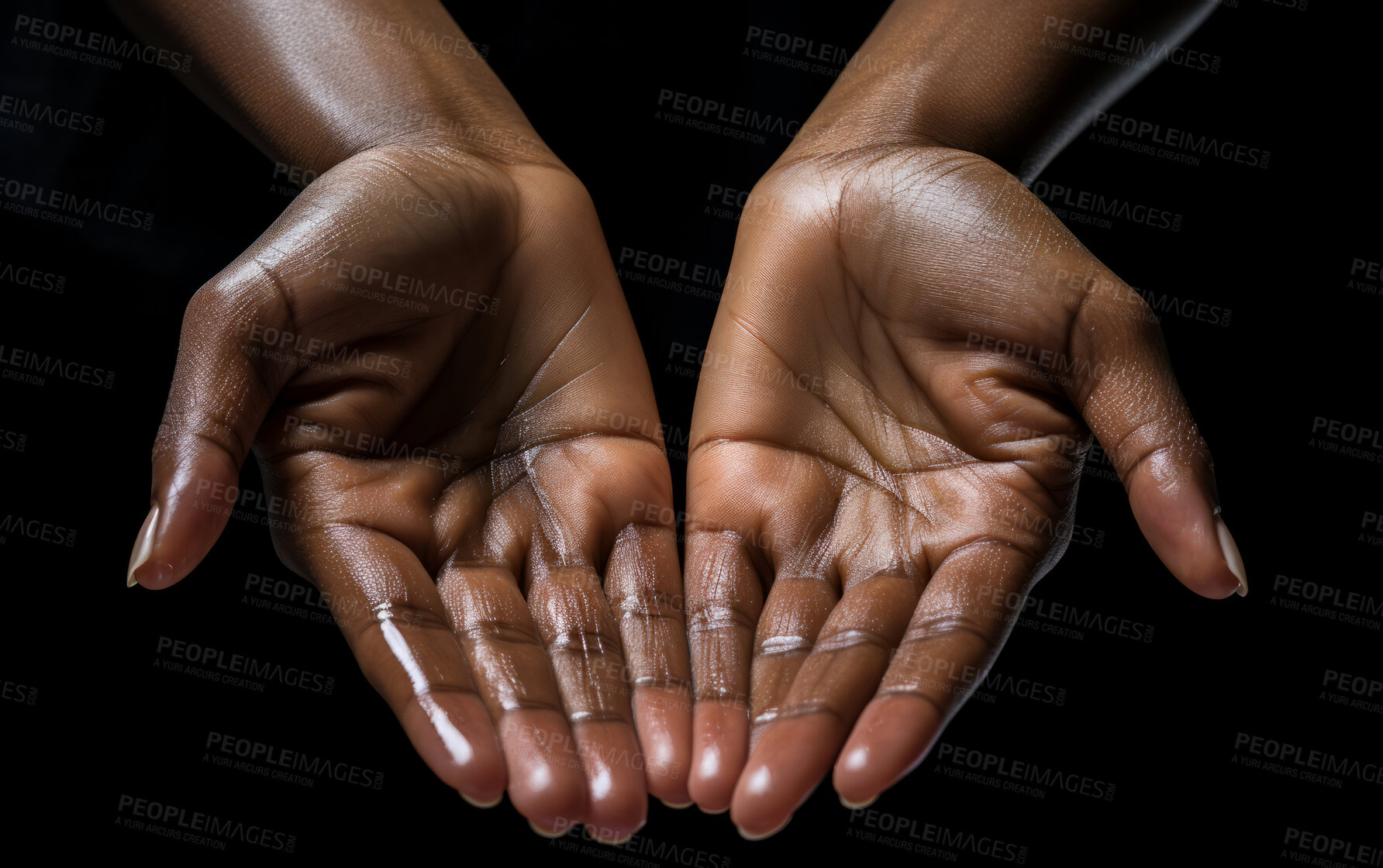 Buy stock photo Portrait of open serving hands. Clear backdrop, Holy water. Religion concept