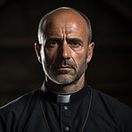 Portrait of senior priest. Serious face on clear black backdrop. Religion concept.