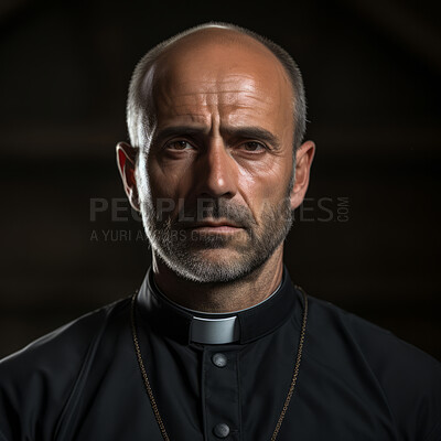 Portrait of senior priest. Serious face on clear black backdrop. Religion concept.