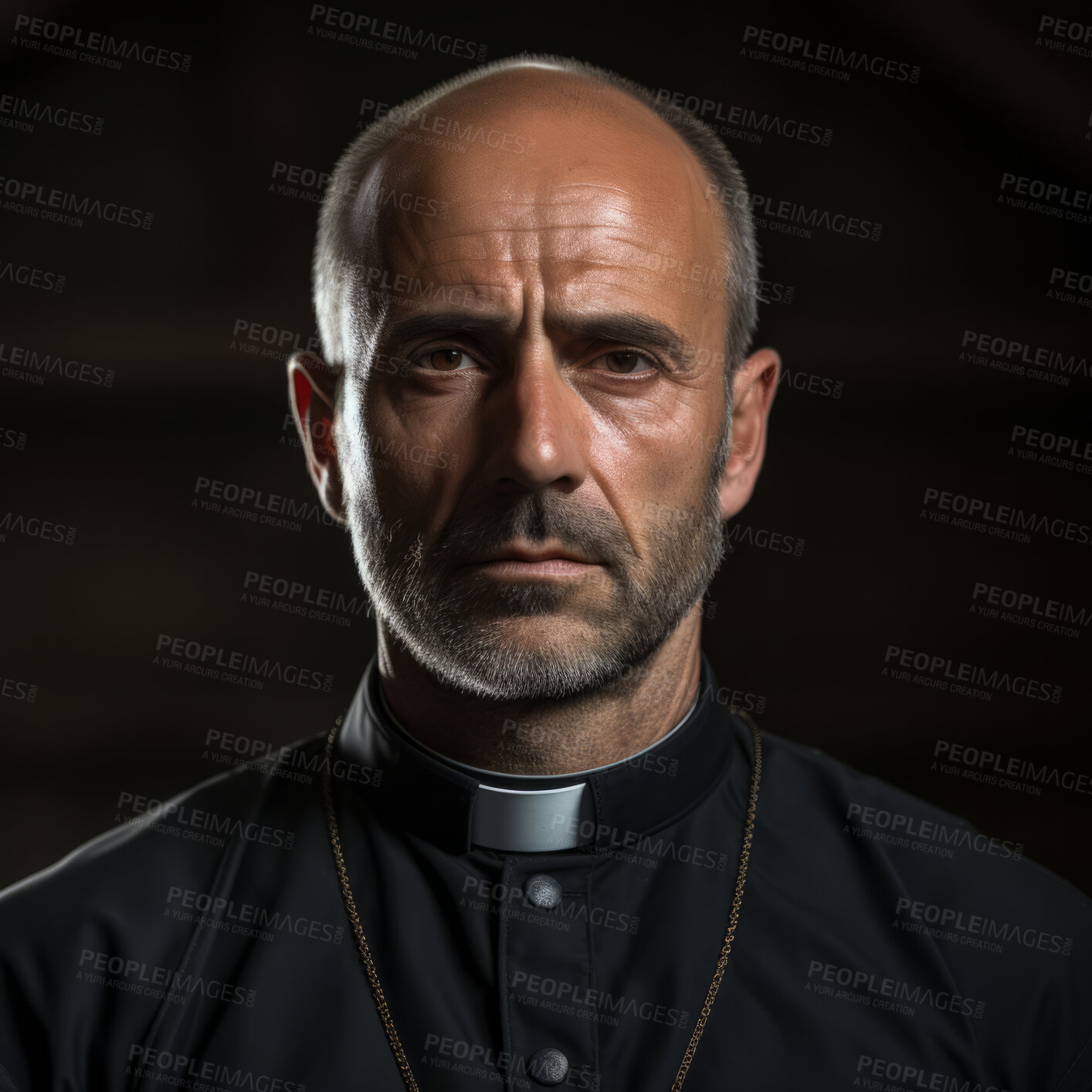 Buy stock photo Portrait of senior priest. Serious face on clear black backdrop. Religion concept.