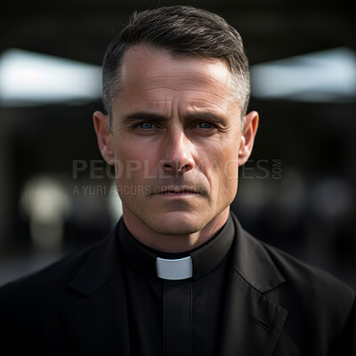 Close up portrait of senior priest. Wearing clergy collar. Serious face. Religion concept.
