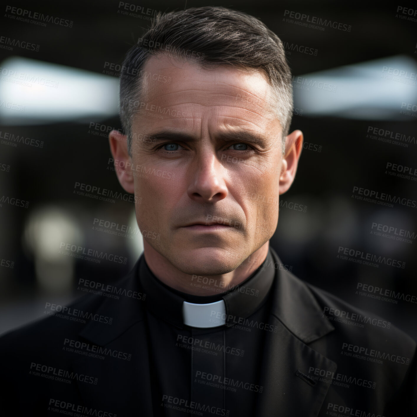 Buy stock photo Close up portrait of senior priest. Wearing clergy collar.  Serious face. Religion concept.