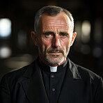 Portrait of senior priest.Wearing clergy collar.  Serious face. Religion concept.