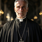 Portrait of senior priest.Wearing clergy collar.  Serious face. Religion concept.