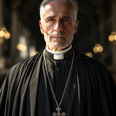 Portrait of senior priest.Wearing clergy collar. Serious face. Religion concept.