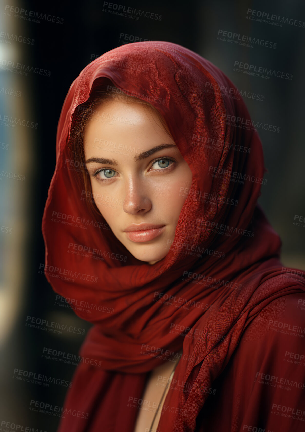 Buy stock photo Wearing a Headscarf. Muslim, Arab Saudi emirates woman, Portrait, Religion concept.