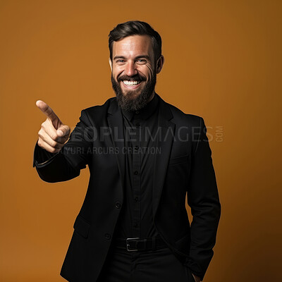 Buy stock photo Happy preacher, smiling and pointing on clear backdrop. Religion concept.