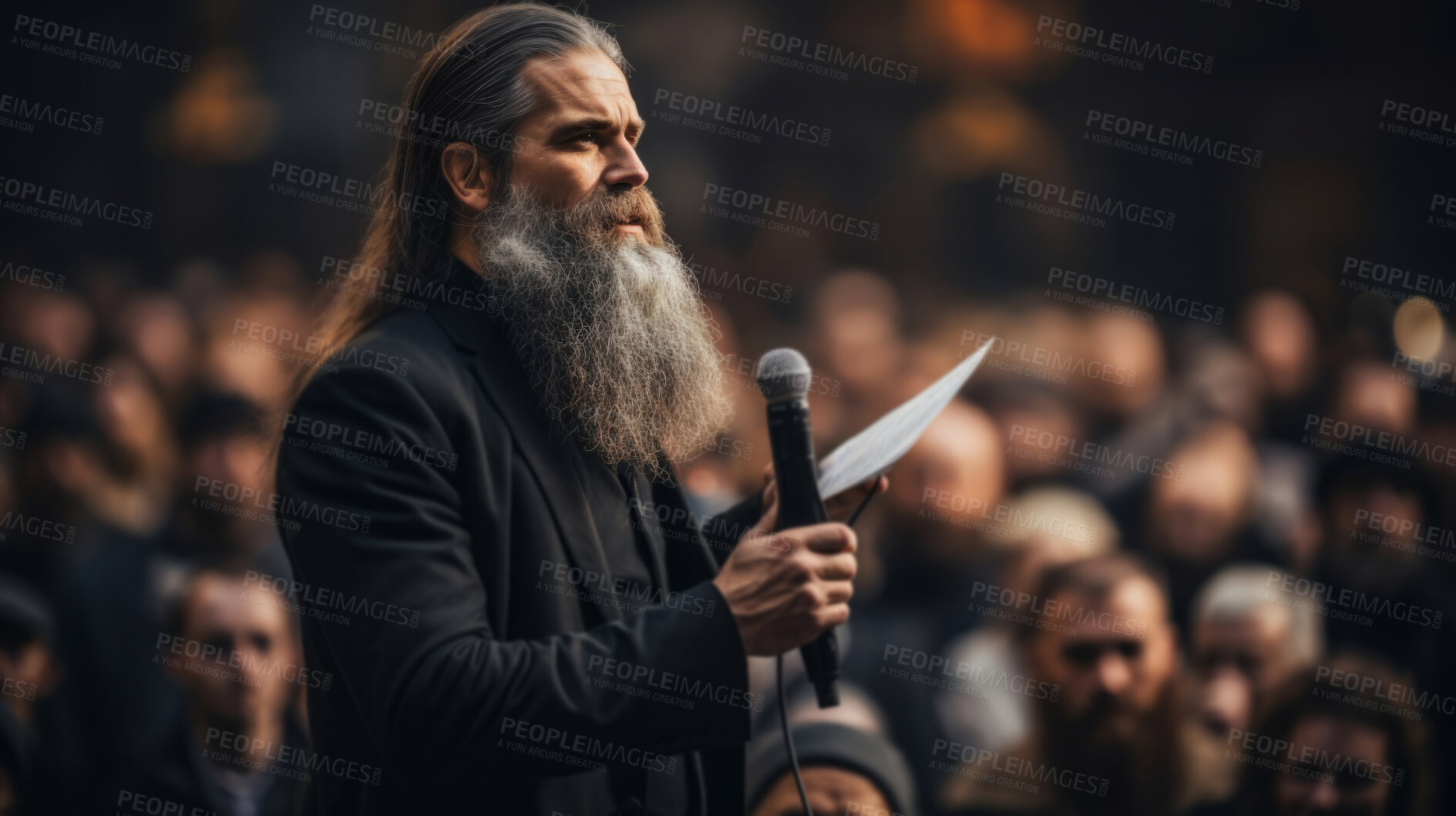 Buy stock photo Preacher on stage with mic in hand. Blurred crowed in background. Religion concept.