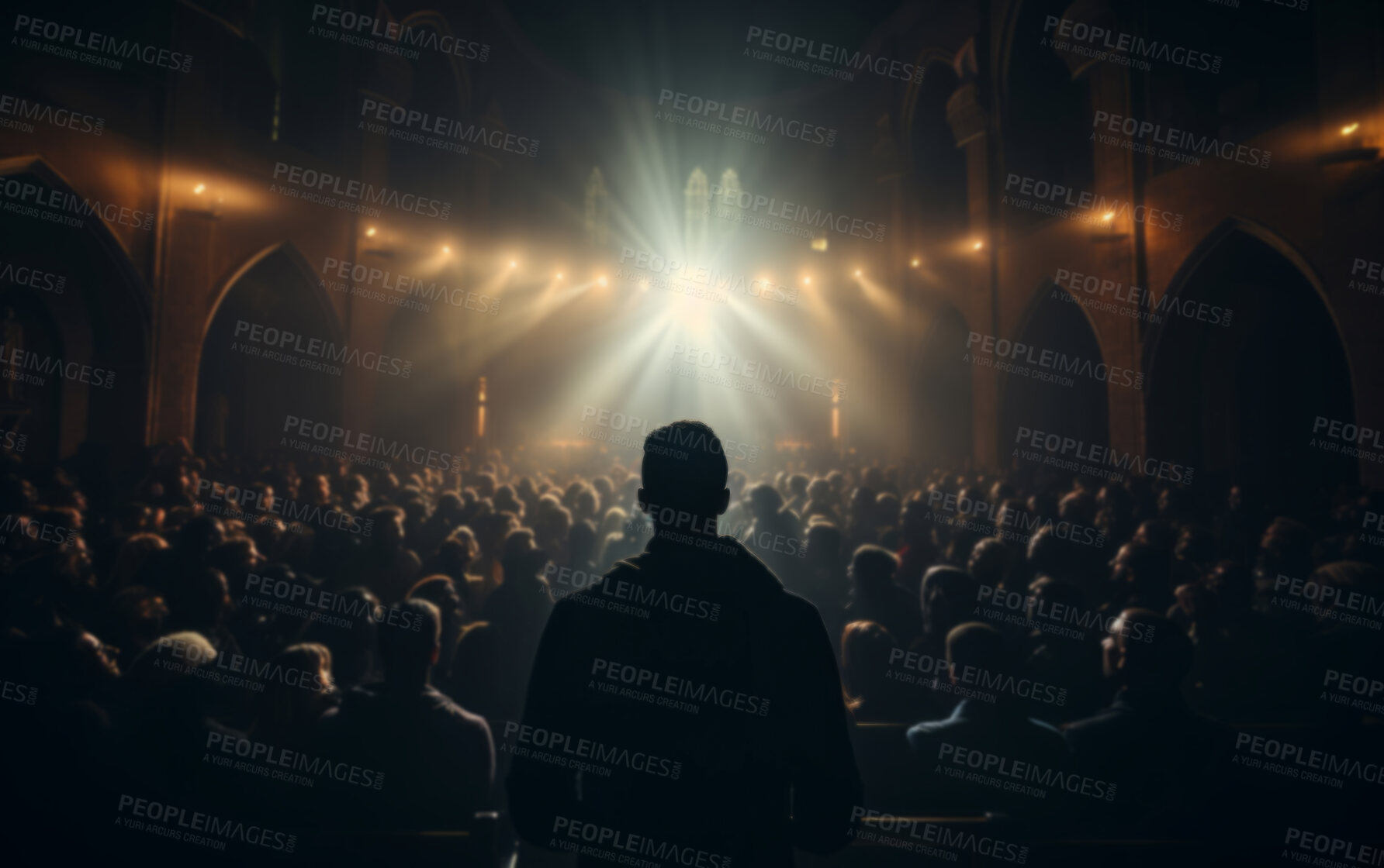 Buy stock photo Silhouette figure standing at back of crowded church. Worship, religion concept.