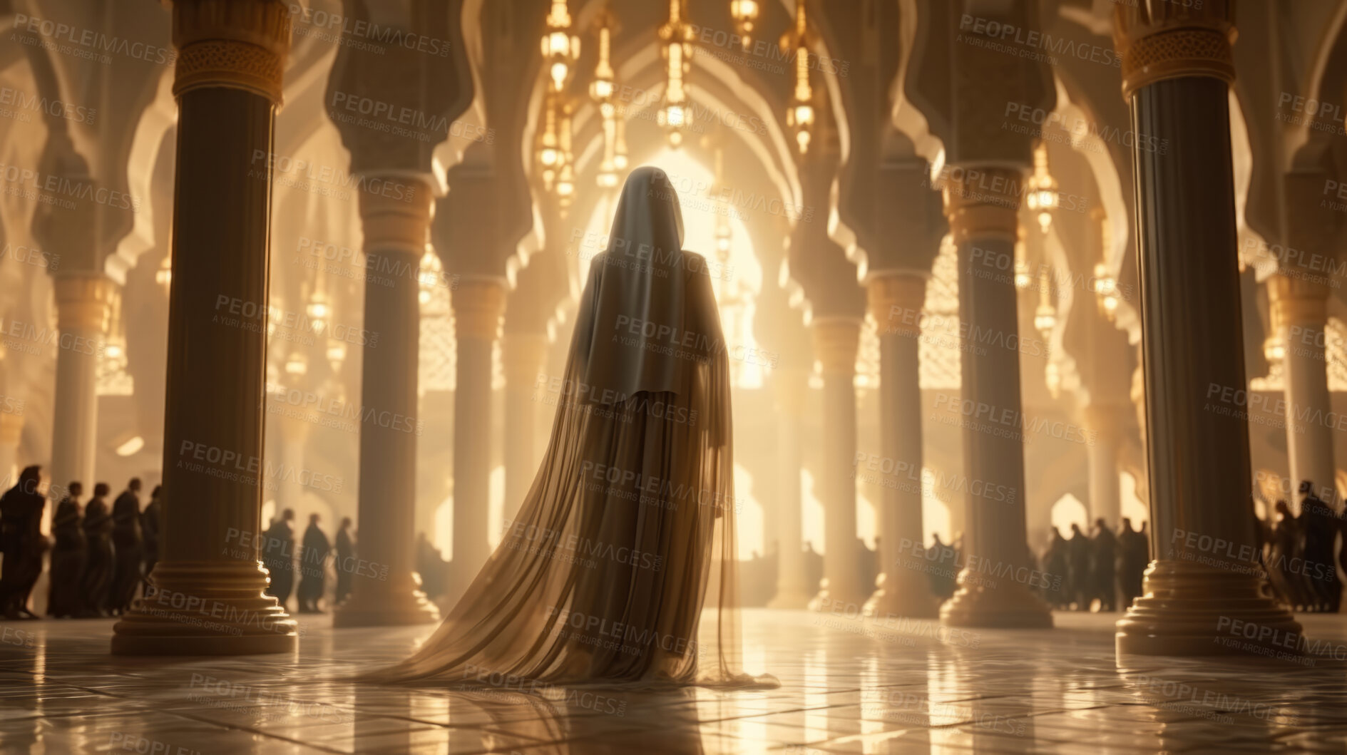 Buy stock photo Rear view silhouette of woman wearing hijab walking into glorious temple. Religion concept.